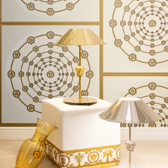 Carta da parati in tessuto non tessuto Versace I Love Baroque Medusa Circles White Gold di lusso 