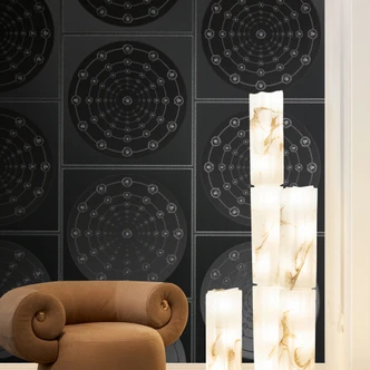 Carta da parati in tessuto non tessuto Versace I Love Baroque Medusa Circles Black Grey nobile 