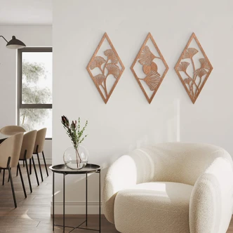 Décoration en bois placage acajou Ensemble de feuilles de Ginko (3 pièces) Décoration en bois placage acajou Ensemble de feuilles de Ginko (3 pièces)