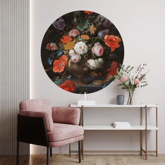 Wandtattoo Mignon - Stillleben mit Blumen und einer Uhr - rund 