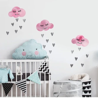 Sticker mural nuages roses et coeurs gris 
