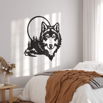 Wandtattoo Wolfskopf vor Mond und Wald 
