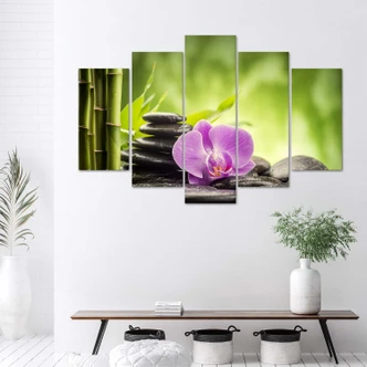 Leinwandbild 5 teilig, Orchideen-Zen-Steine 