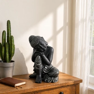 Schlafender Buddha aus Kunststein, schwarz | 34x31x40 cm Schlafender Buddha aus Kunststein, schwarz | 34x31x40 cm