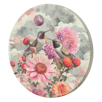 Rundes Leinwandbild Bunte Blumen und Kolibris 