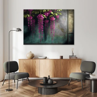 Leinwandbild, Hängende rosa Blumen aus Beton 