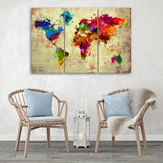 Stampa su tela 3 pezzi Mappa del mondo colorata 