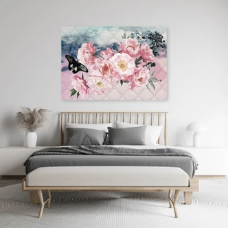Leinwandbild, Rosa Blumen und Schmetterling 