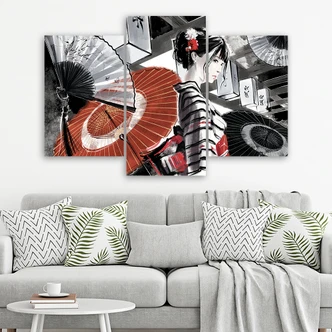 Leinwandbild 3 teilig, Geisha mit einem Fan 