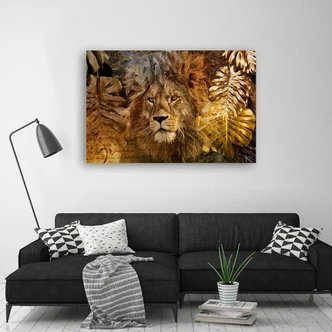 Leinwandbild, Löwe und Monstera Goldene Blätter 