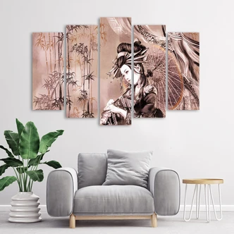 Leinwandbild 5 teilig, Geisha und Bambus 