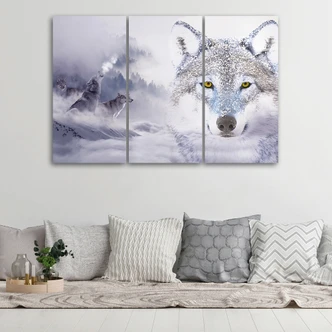 Leinwandbild 3-teilig, Wolf Wald Nebel Natur Grau 
