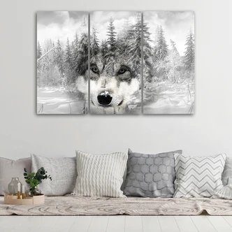 Leinwandbild 3-teilig, Wolf Wald Natur Grau 