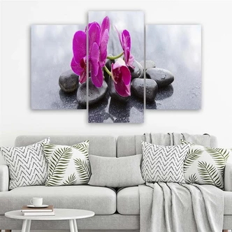 Leinwandbild 3-teilig, Orchidee Blumen Steine Lila 