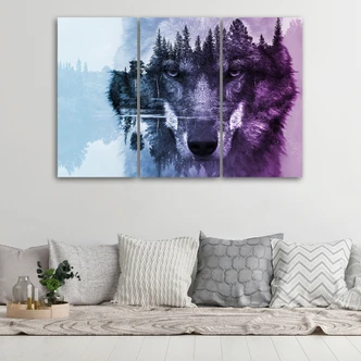 Leinwandbild 3-teilig, Wolf Tiere Wald Violett 