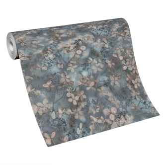 Kwiatowa tapeta z włókniny z liśćmi w kolorze niebieskim 