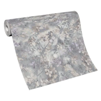 Papier peint intissé floral avec des feuilles en gris 