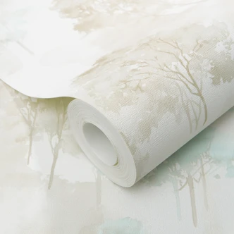 Ikke-vævet tapet akvarel skov med træer i mintbeige creme Skandinavisk Ikke-vævet tapet akvarel skov med træer i mintbeige creme Skandinavisk