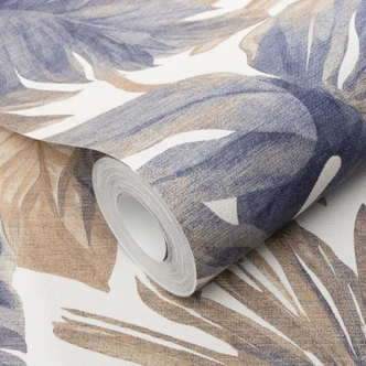 Non-woven tapet tropiske blade i blå beige med monstera ser moderne elegant ud Non-woven tapet tropiske blade i blå beige med monstera ser moderne elegant ud