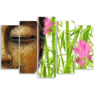 Leinwandbild 5 teilig, Buddha Bambus Zen Gold 