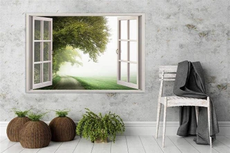 Leinwandbild, Fensterblick, nebliger Baum 