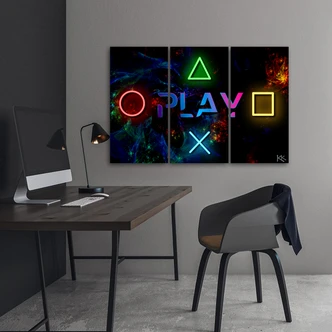 Leinwandbild 3 teilig, Spielen Sie Inschrift und Tasten für den Controller 