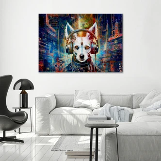 Canvasbillede, Hund i hovedtelefoner abstraktion 