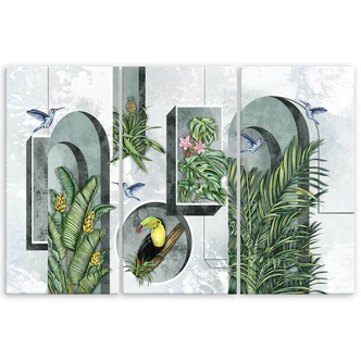 Leinwandbild 3 teilig, Formen in der Wand mit Pflanzen und Vögeln Toucan Koliber 