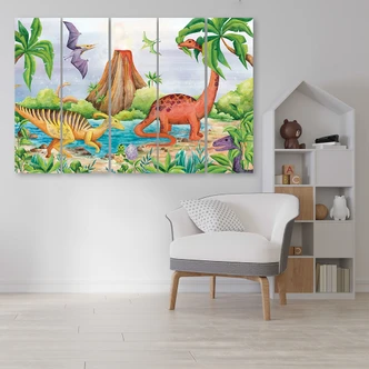 Leinwandbild 5 teilig, Dinosaurier am See 