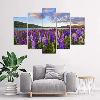 Leinwandbild 5 teilig, Lavendel See Blumen 