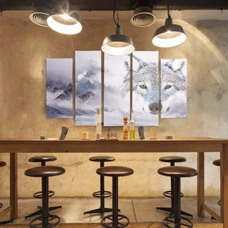 Wandbild 5-teilig, Wolf Nebel Wald Grau 