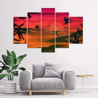 Leinwandbild 5 teilig, Japanische rote Landschaft 