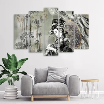 Leinwandbild 5 teilig, Geisha und Bambus 