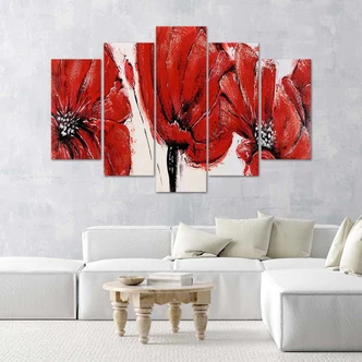 Leinwandbild 5 teilig, Rote Acrylblumen 
