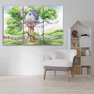 Leinwandbild 3 teilig, Weiße Kaninchen Hütte auf dem Baum 