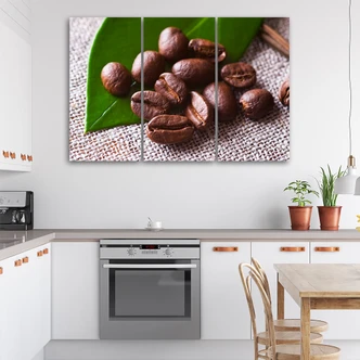Leinwandbild 3-teilig, Kaffeebohnen-Blatt 