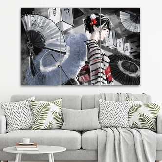 Leinwandbild 3 teilig, Geisha mit einem Fan 