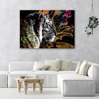 Canvasbillede, Tiger på farverig baggrund 