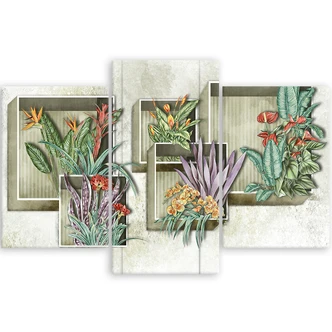 Leinwandbild 3 teilig, Quadratkisten Regale mit Blumen 