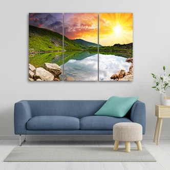 3 stykke lærredstryk, Sunset Landscape Lake 