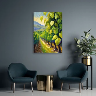 Leinwandbild Weinberg Traubenblätter gemalt 
