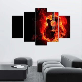 Leinwandbild 5 teilig, Gitarre Musik Feuer 
