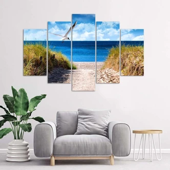 Leinwandbild 5 teilig, Landschaft Meer Strand Gras 