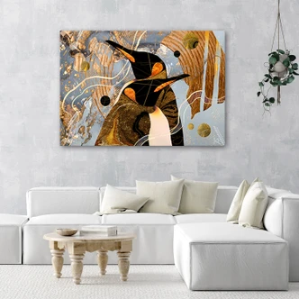Canvas schilderij, Gouden pinguïns abstractie 