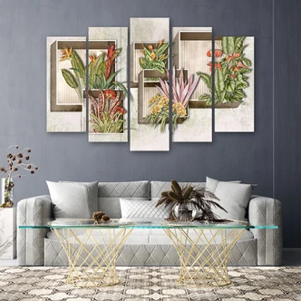 Leinwandbild 5 teilig, Quadratkisten Regale mit Blumen 