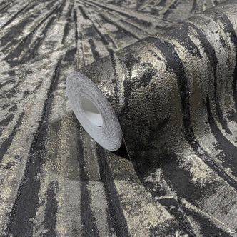 Non-woven tapet med glans och fläkt look svart, guldstruktur 