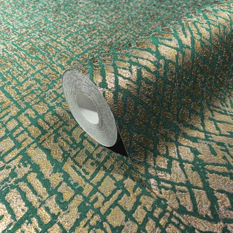 Vliestapete mit glänzendem Gitter Motiv grün, gold Struktur 
