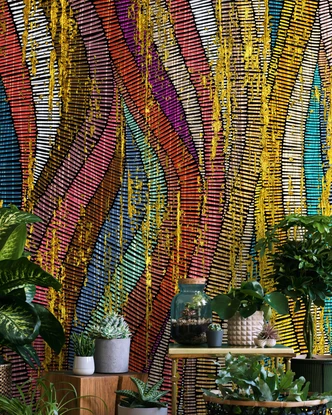 Fototapete Wandtapete mit Motiv Bunte Wellenstreifen mit goldener Struktur in Pop-Stil 2,70 x 2,72m 