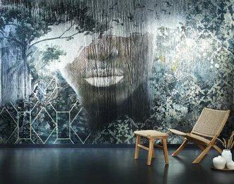 Fototapete Motivtapete Surreales Gesicht im Regen mit Wald- und Vogel-Silhouette 2,70 x 4,08m 