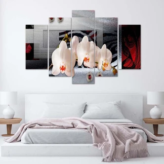 Leinwandbild 5 teilig, Abstrakte Orchideen Weiß 